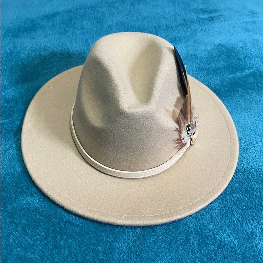 Tan Women's Felt Fedora Western Cowboy Hat White Belt Double Brown Feathers